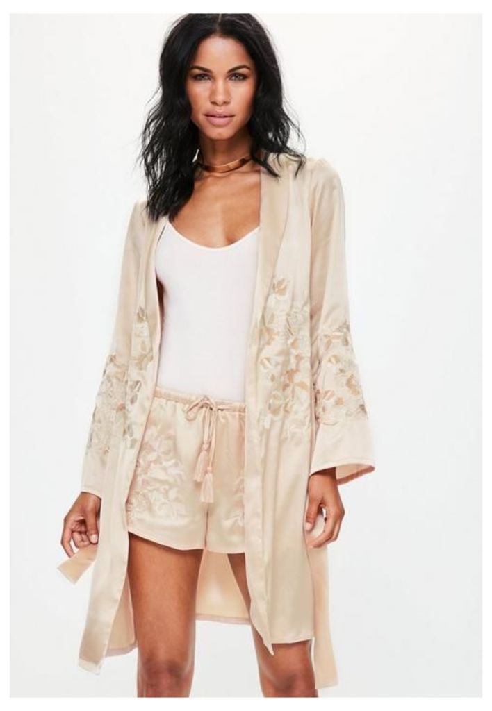 Premium Nude Satin Embroidered Tie Waist Kimono, Gold