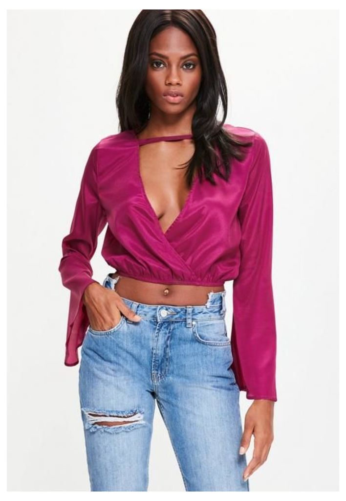 Pink Bar Front Flare Sleeve Wrap Front Crop Blouse, Purple