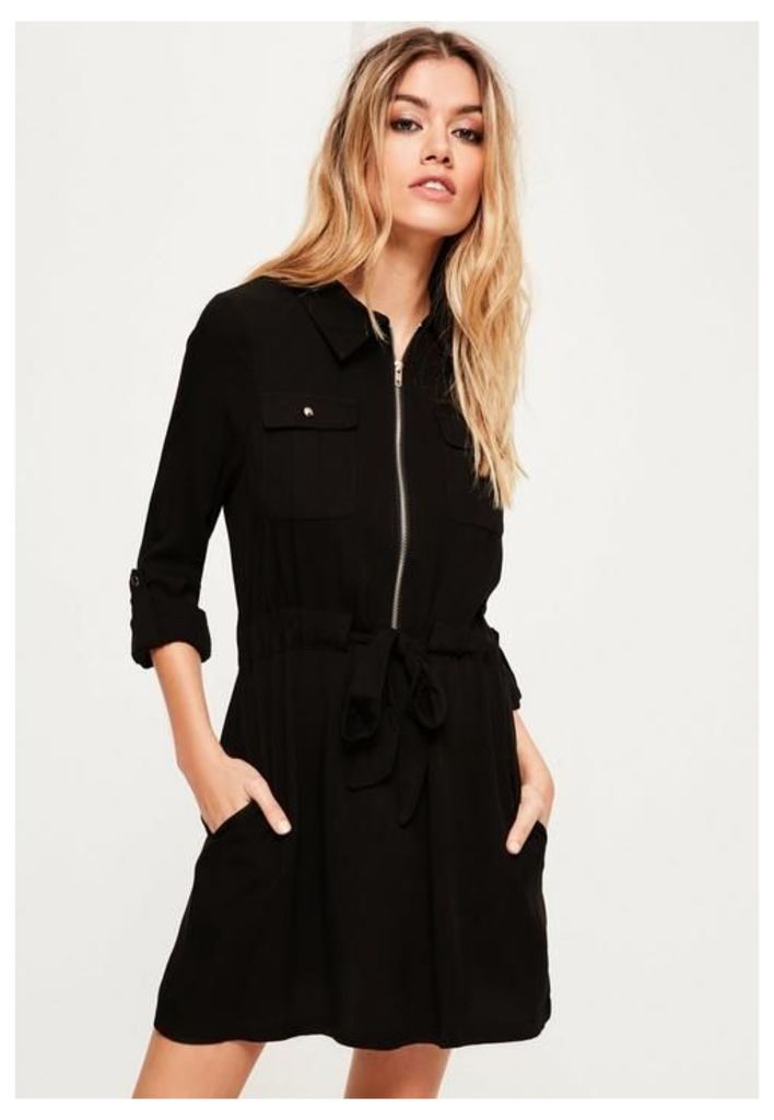 Black Military Tie Waist Shirt Dress, Black