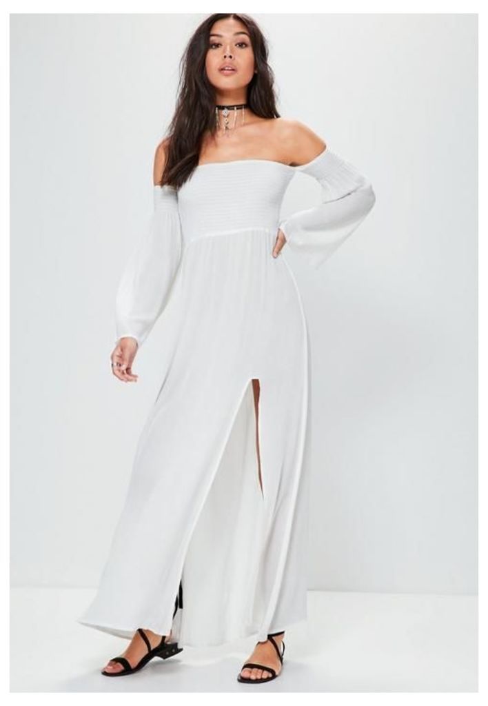 White Shirring Top Split Maxi Dress, Cream