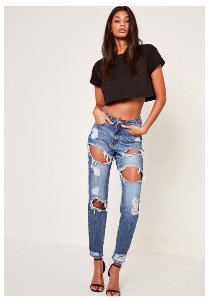 Blue High Rise Ripped Jeans, Blue
