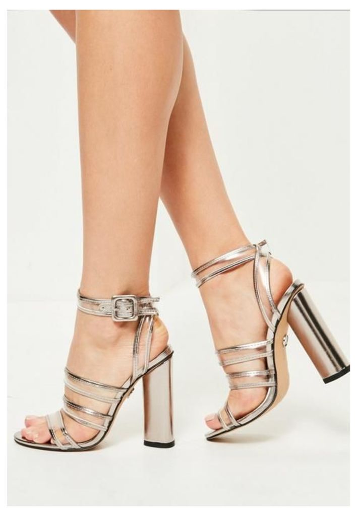 Silver Clear Multi Strap Block Heeled Sandals, Grey