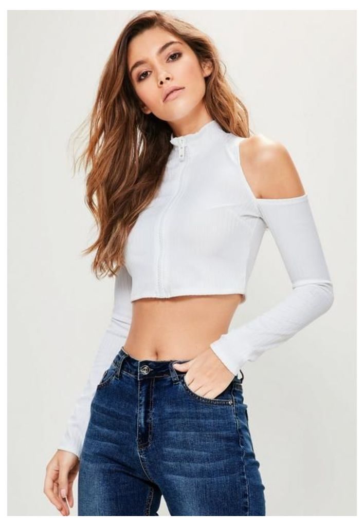 White Zip Through Cold Shoulder Ribbed Crop Top, White