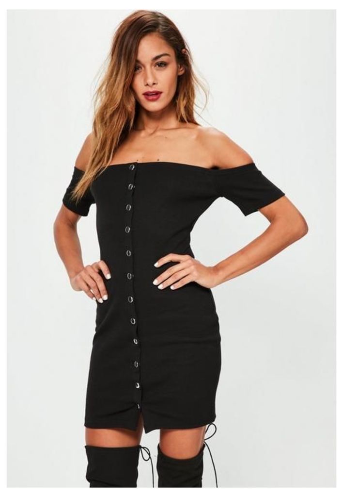 Black Studded Popper Detail Bardot Bodycon Dress, Black