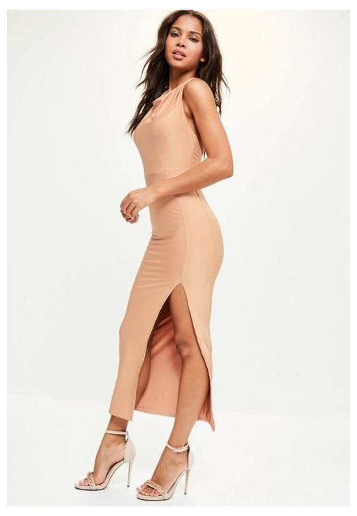 Nude Slinky Halterneck Thigh Split Dress, Brown