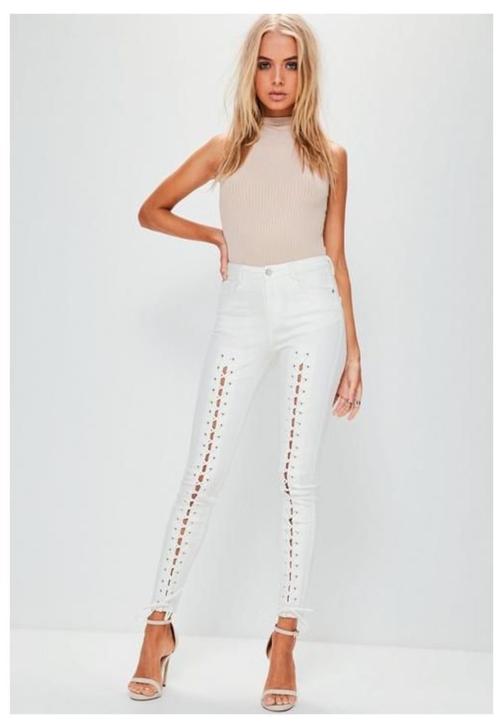 White Mid Rise Lace Up Super Skinny Jeans, White
