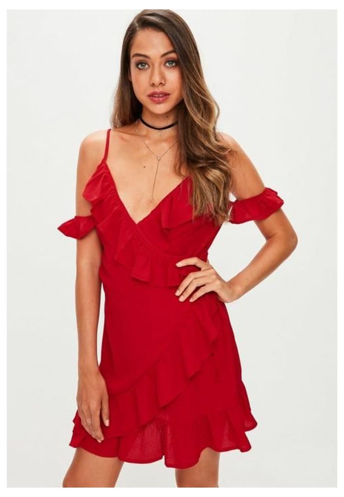 Red Cold Shoulder Ruffle Tea Dress, Red