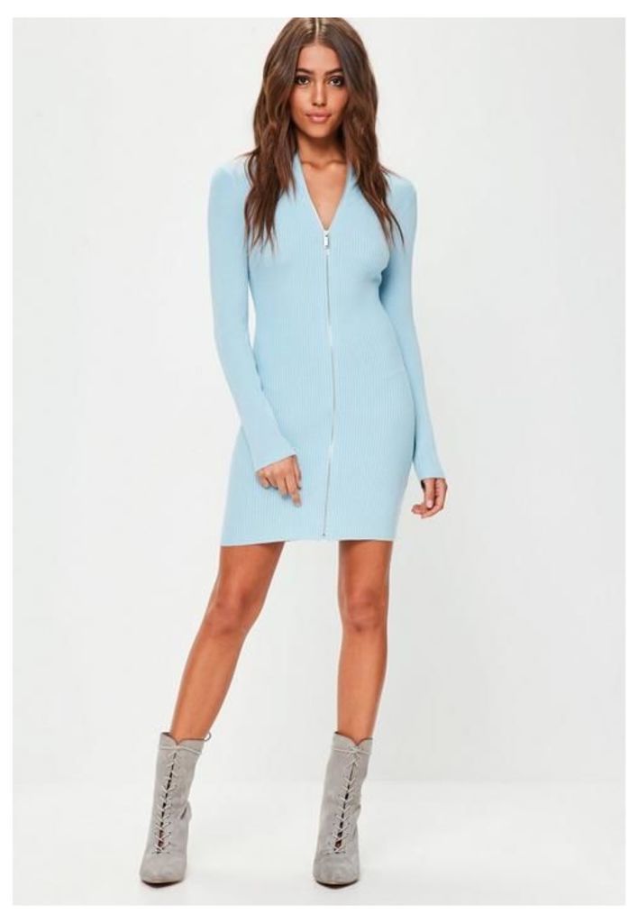 Blue Zip Through Knitted Mini Dress, Blue