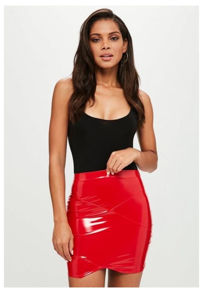 Red Vinyl Asymmetric Skirt, Red