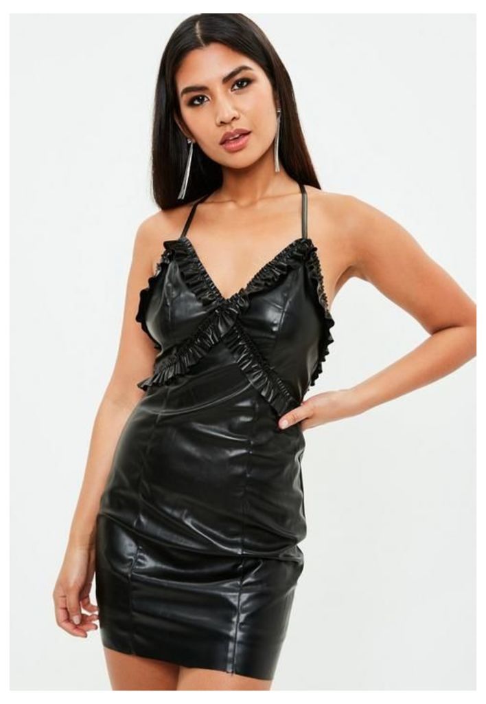 Black Faux Leather Frill Detail Dress, Black