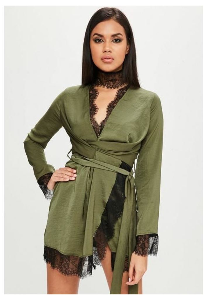 Carli Bybel x Missguided Khaki Satin Lace Wrap Dress, beige