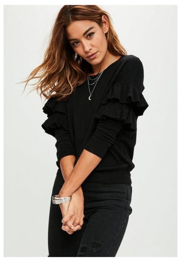 Black Frill Sleeve Knitted Top, Black
