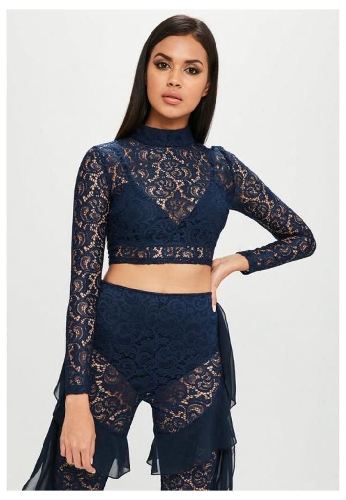 Carli Bybel x Missguided Navy High Neck Lace Top, Blue