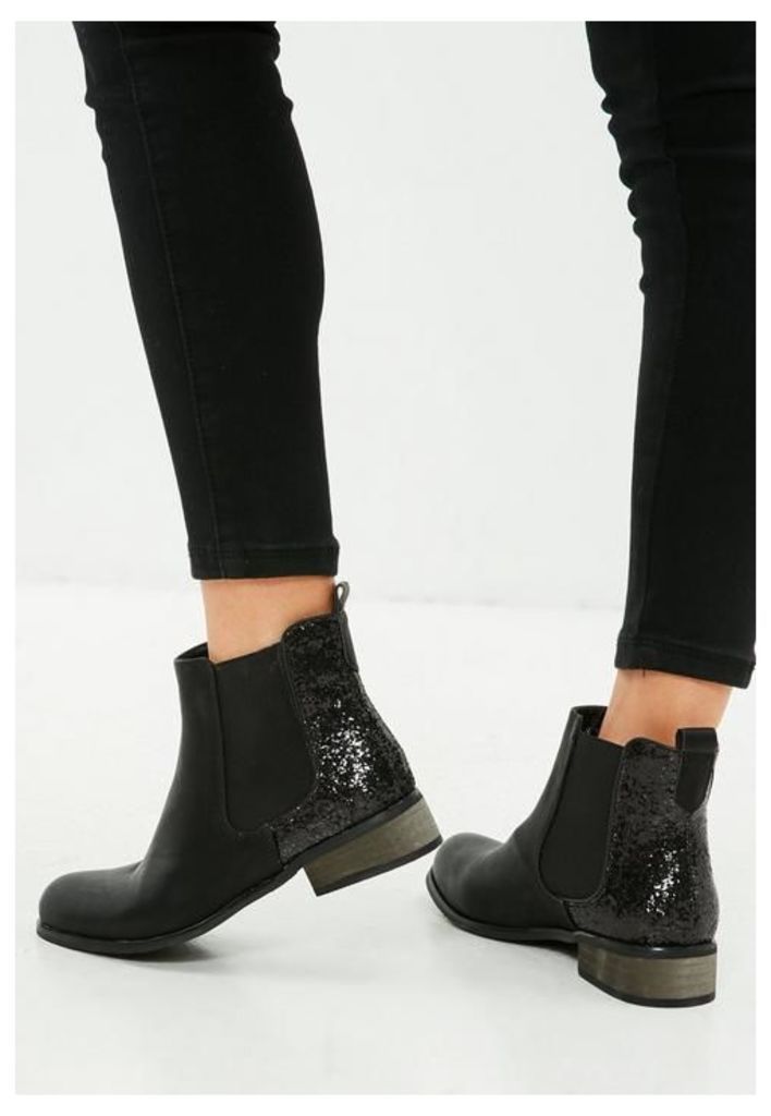 Black Glitter Flat Ankle Boots, Black