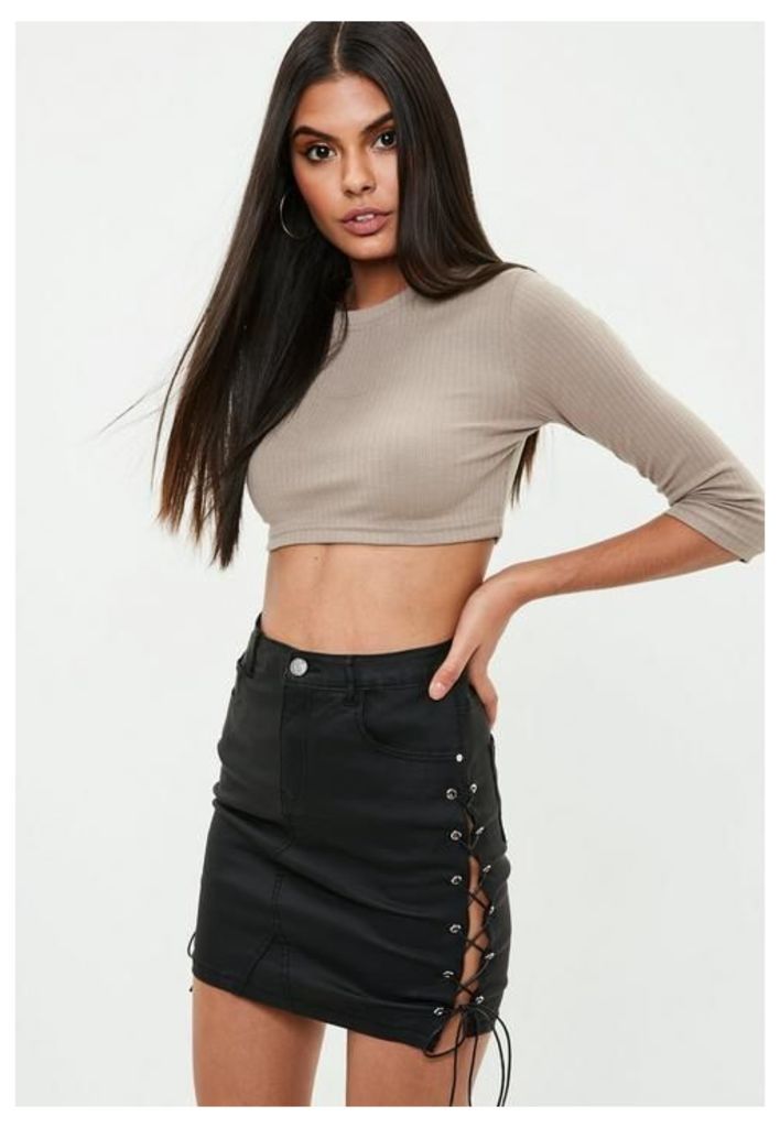 Black Coated Denim Lace Up Mini Skirt, Black