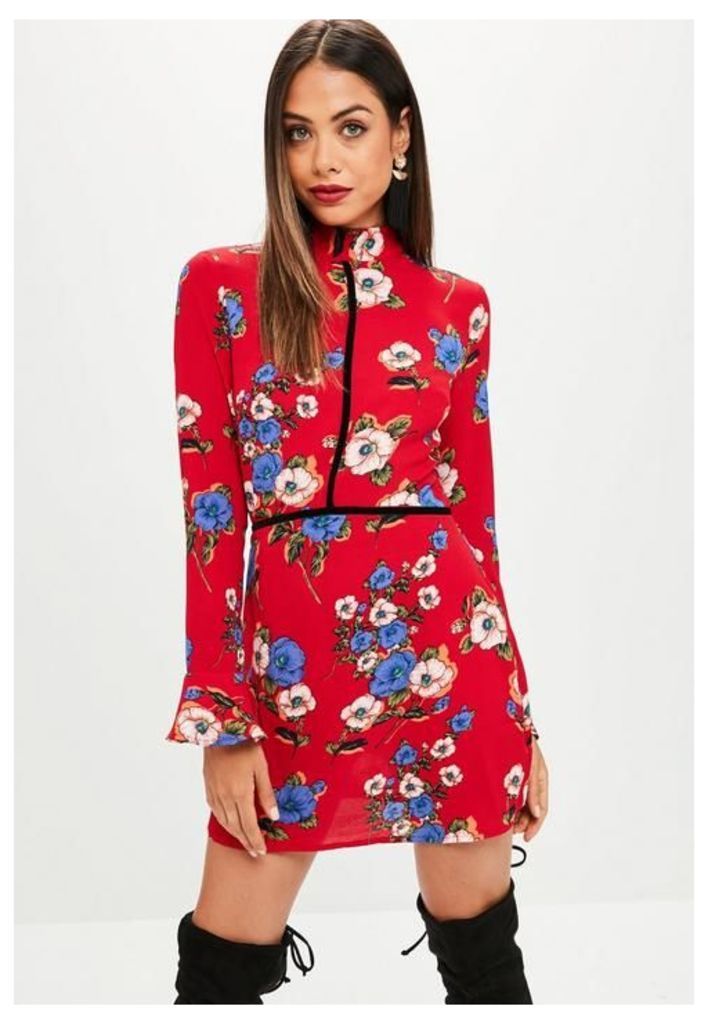 Red Floral High Neck Shift Dress, Red