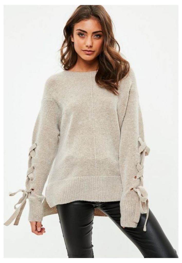 Brown Soft Touch Lace Up Knitted Jumper, Beige