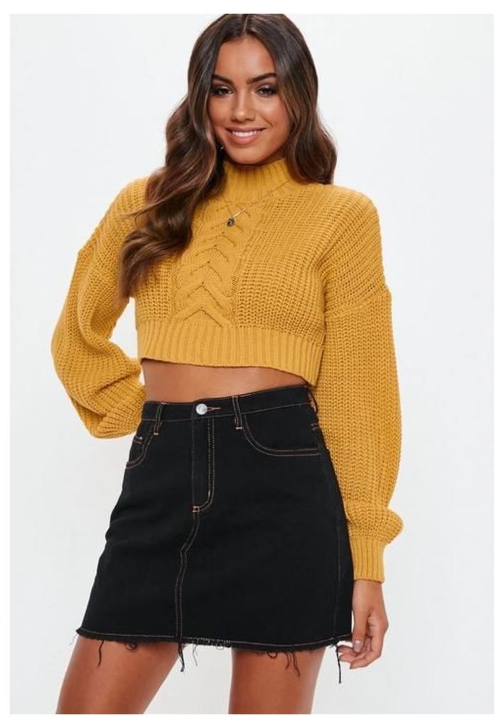 Mustard Balloon Sleeve Cable Knit Cropped Jumper, Mustard