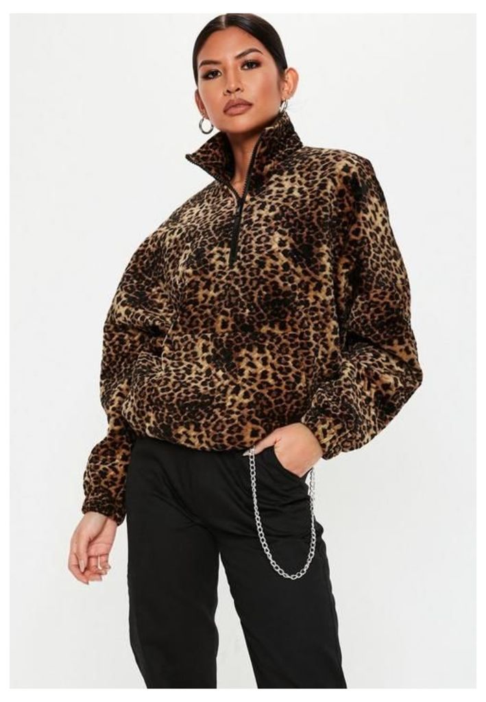 Brown Leopard Print Quilted Windbreaker Jacket, Brown
