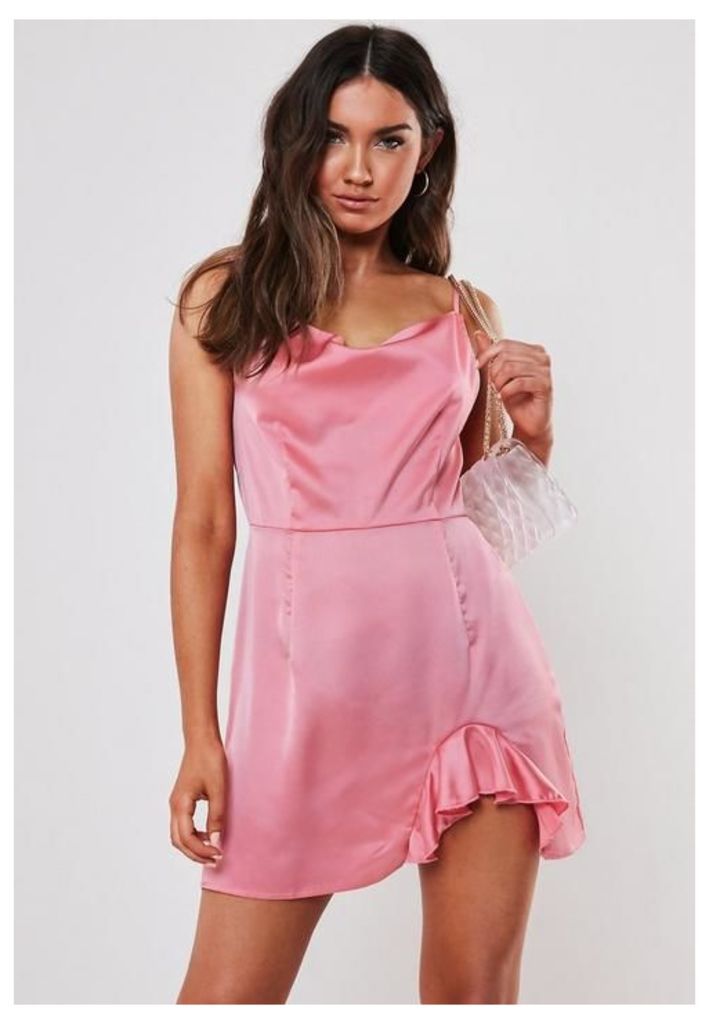 Petite Pink Satin Cowl Neck Mini Dress, Pink