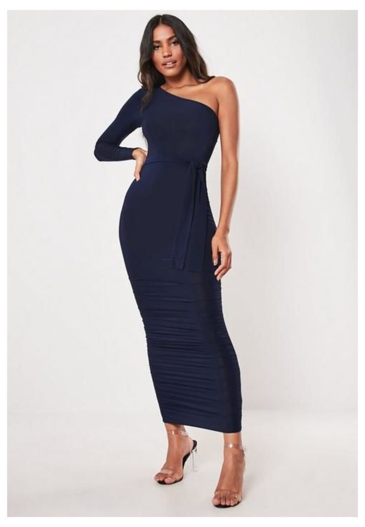 Navy One Shoulder Slinky Bodycon Ruched Midaxi Dress, Navy