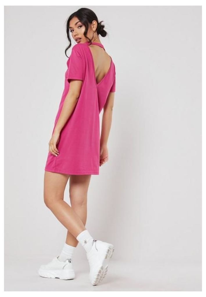 Pink Basic V Back T Shirt Dress, Neon Pink