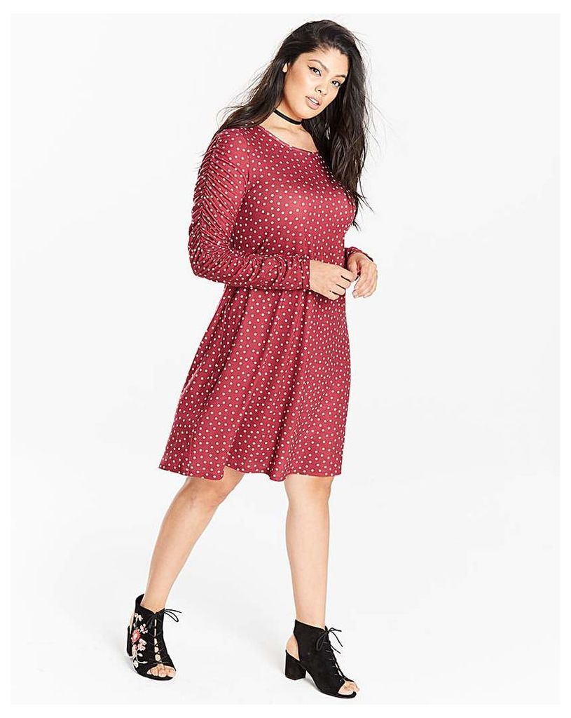 Red Ruched Sleeve Swing Dress