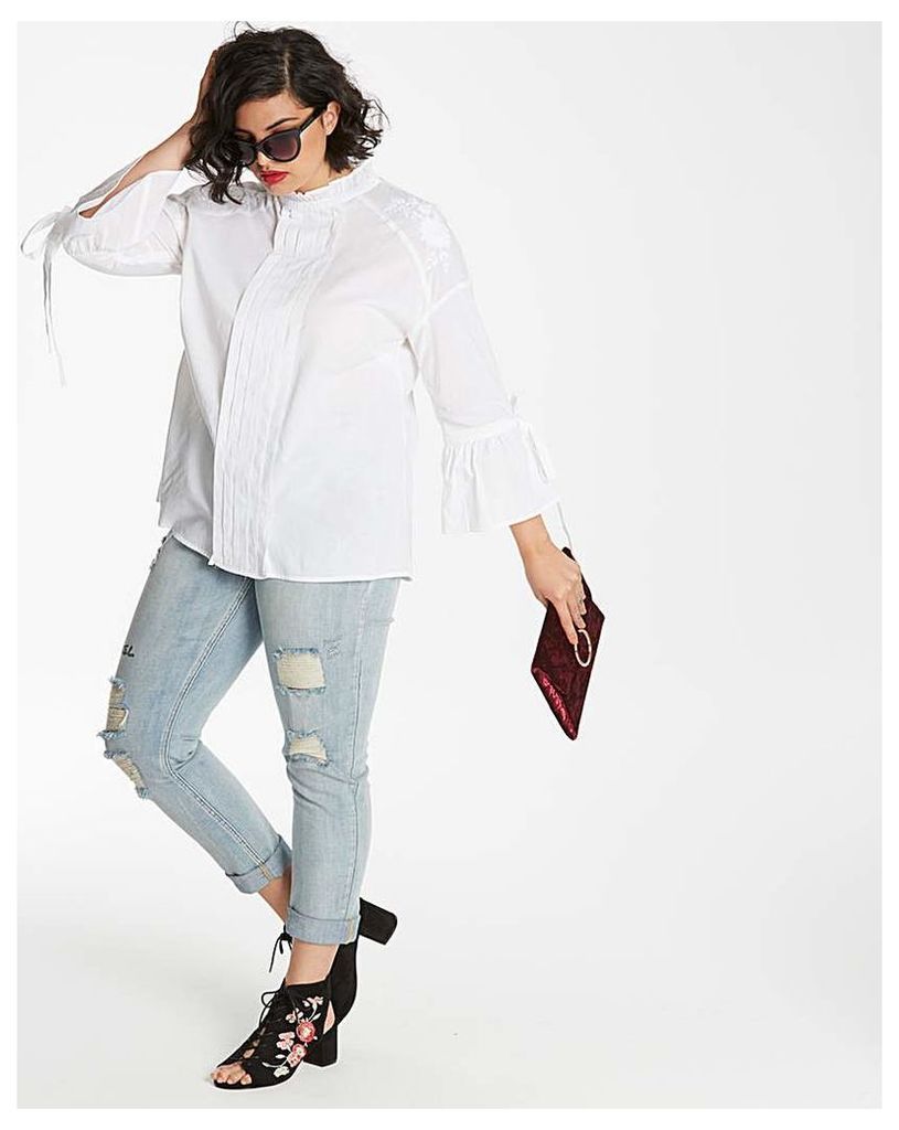 White Ruffle Neck Pleated Front Blouse