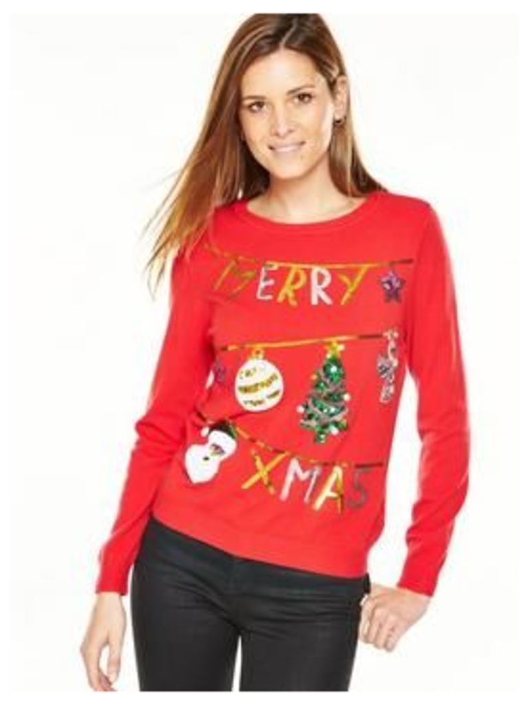 V By Very Merry Xmas Washing Line Embellished Jumper