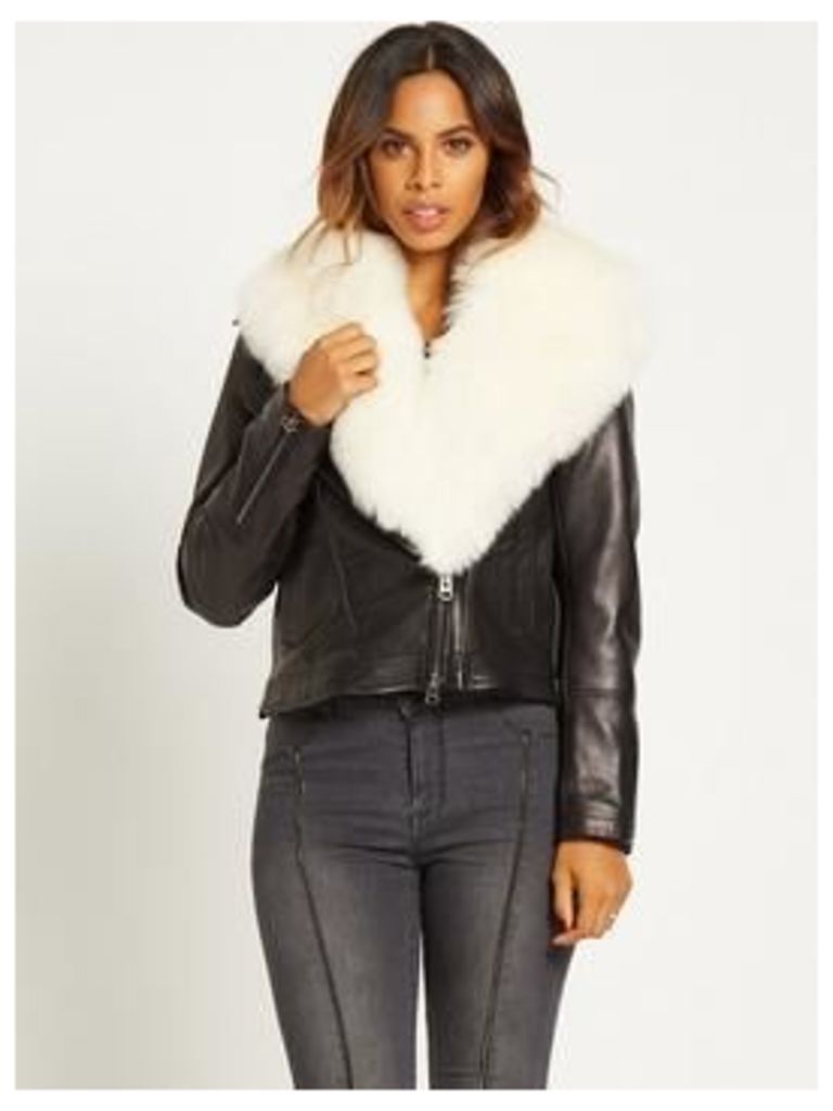 Rochelle Humes Faux Fur Collar Leather Biker Jacket