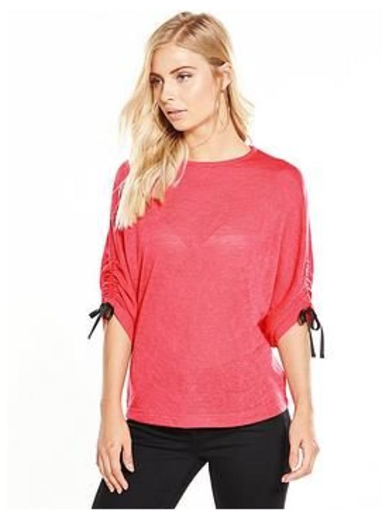 V By Very Tie Ruched Sleeve Snit Top - Hot Pink