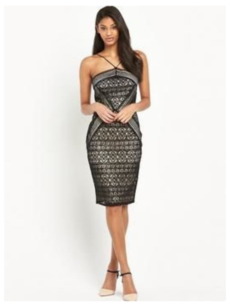 Lipsy Geometric Lace Dress, Black/Nude, Size 10, Women