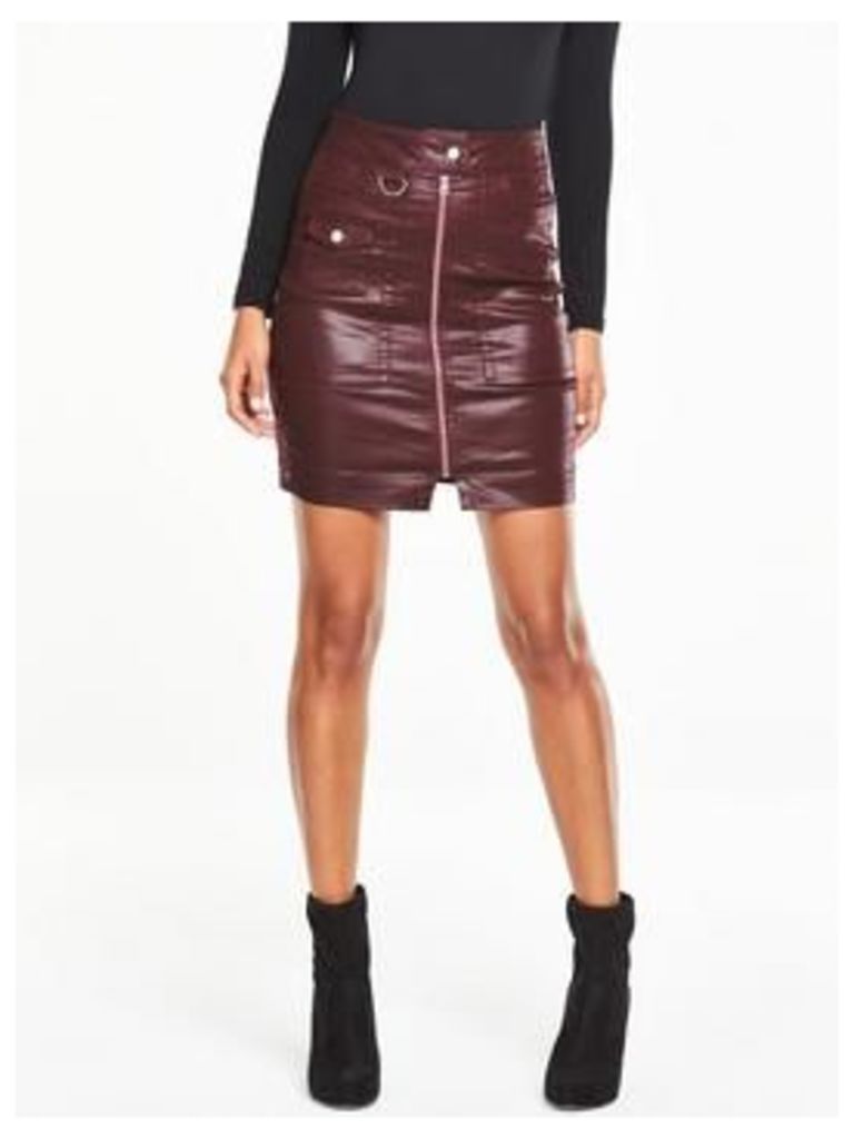V by Very High Waisted Biker Mini Skirt - Burgundy, Burgundy Coated, Size 12, Women