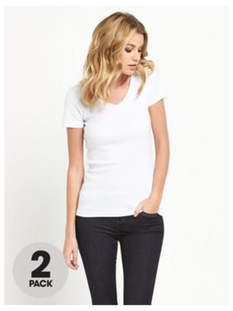 V by Very 2 Pack V-Neck Rib T-Shirts, Navy/Grey Marl, Size 8, Women