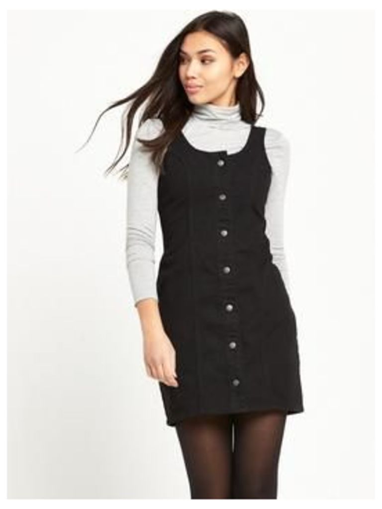 Glamorous Button Up Pinafore Dress - Black, Black, Size 14, Women