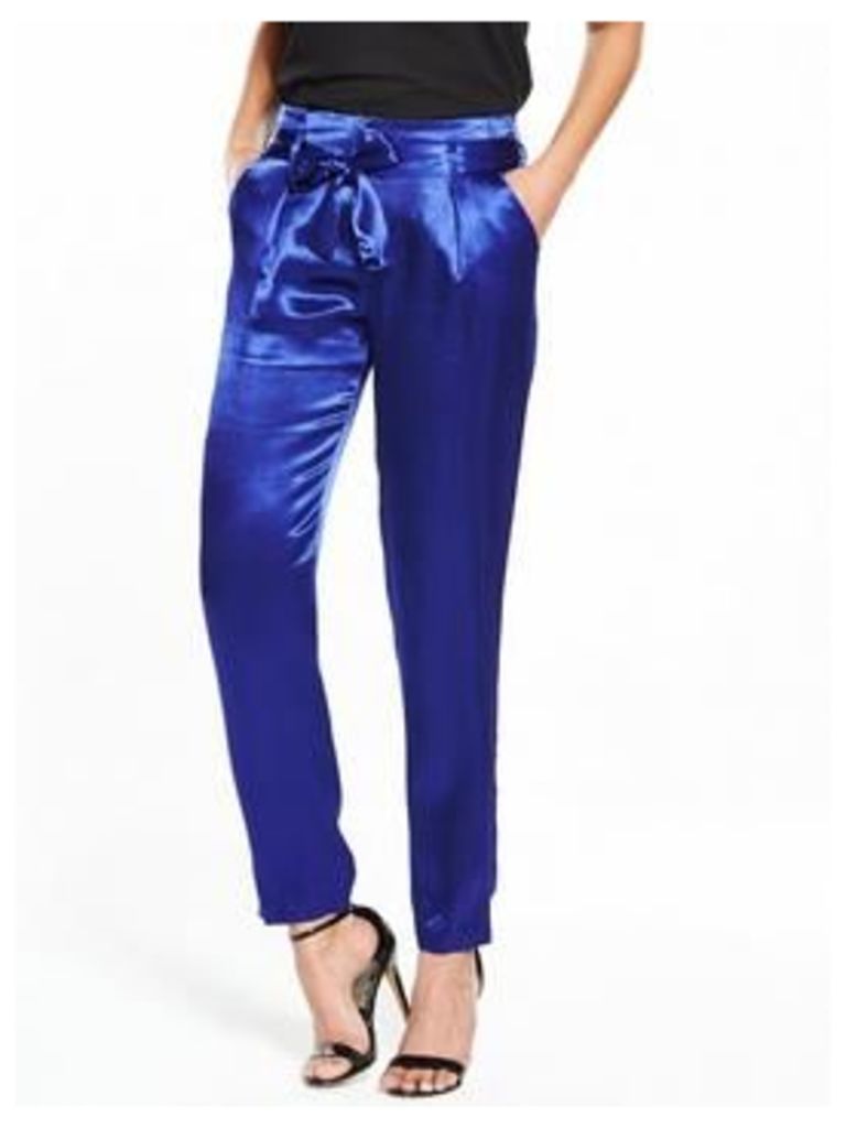 V by Very Satin Tie Waist Trouser - Blue, Blue, Size 8, Women