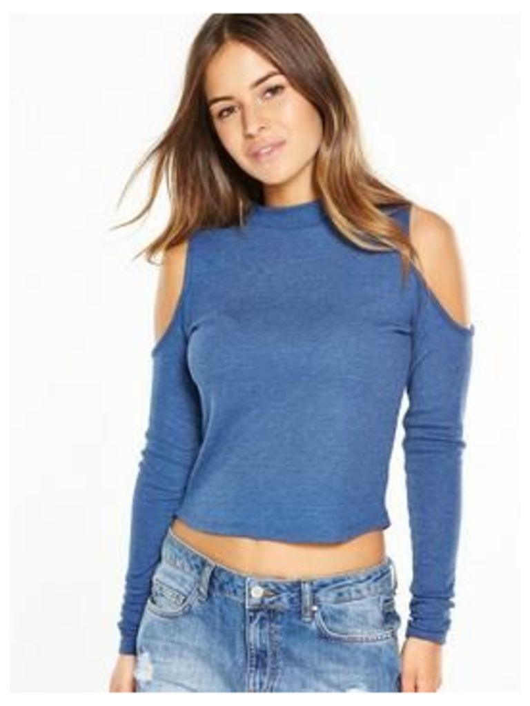 V by Very Petite PETITE Cropped Rib Long Sleeve Top, Blue, Size 12, Women
