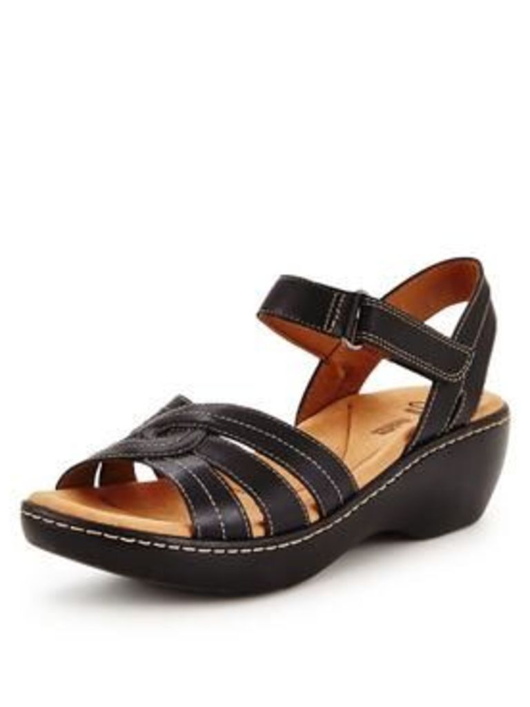Clarks Delana Varro Low Wedge Sandal, Black Leather, Size 3, Women