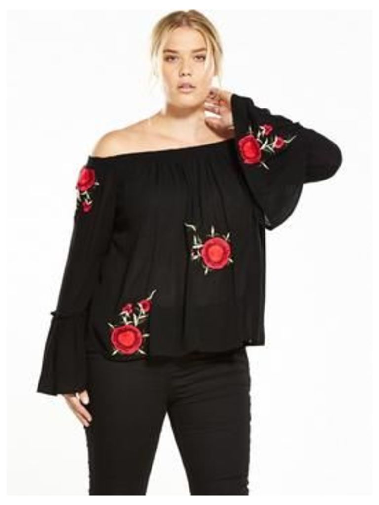 V by Very Curve Embroidered Rose Bardot Top, Black, Size 14, Women