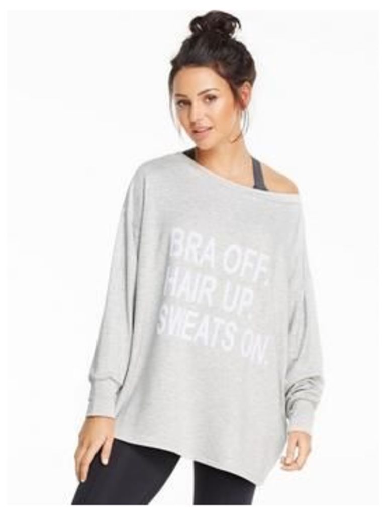 Michelle Keegan Slogan Off The Shoulder Sweat, Grey Marl, Size 12, Women