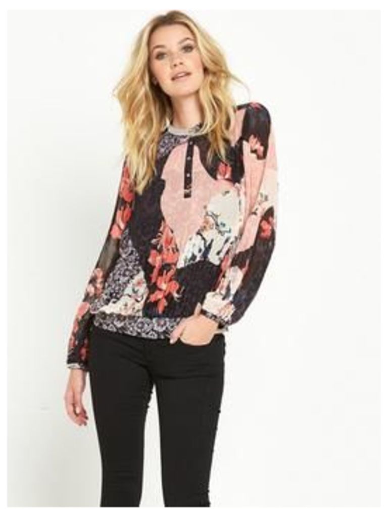 Guess ALVA BLENDED BLOOMS PLEATED TOP, Multi, Size L, Women
