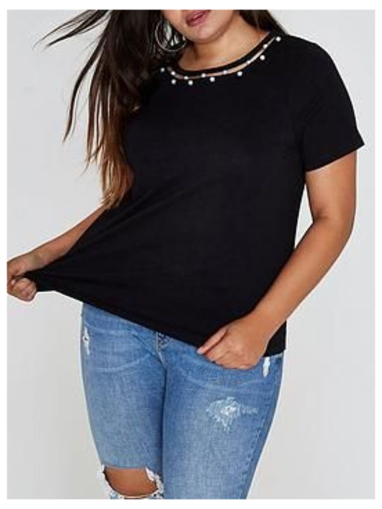 RI Plus Black Pearl Neck T-shirt, Black, Size 28, Women