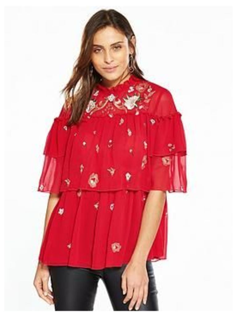 V by Very Embroidered Ruffle Blouse, Red, Size 8, Women