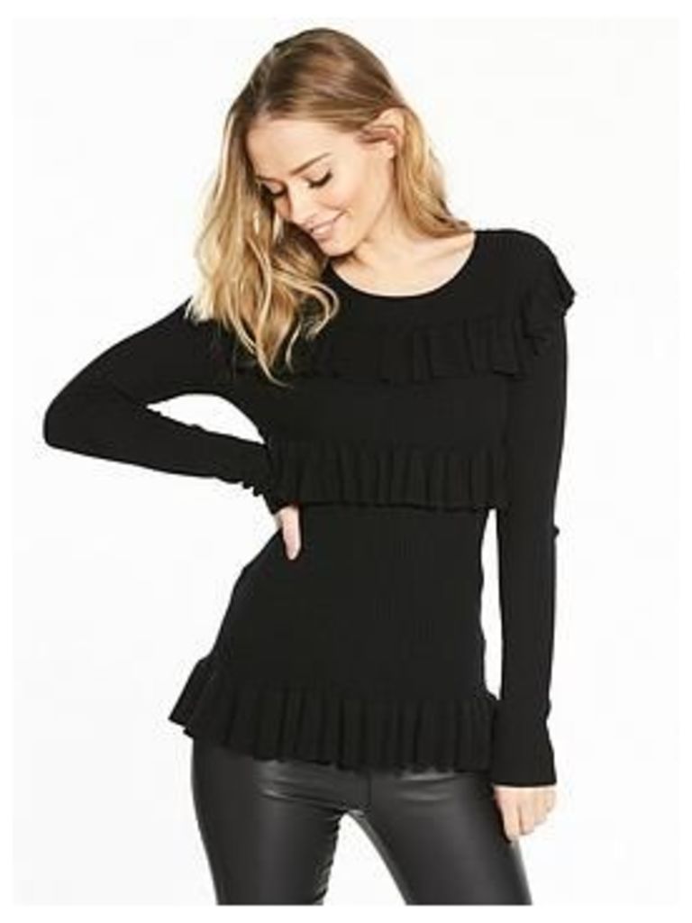 V by Very Ribbed Tiered Frill Jumper, Black, Size 8, Women