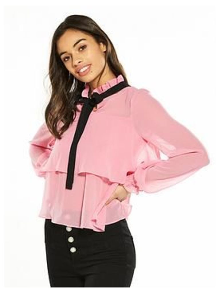 V by Very Petite Long Sleeve Ruffle Blouse, Pink, Size 6, Women