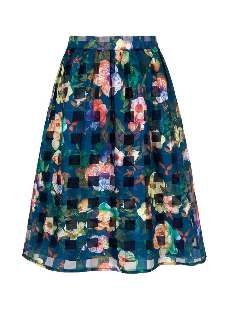 Yumi Floral Check Print Midi Skirt, Navy