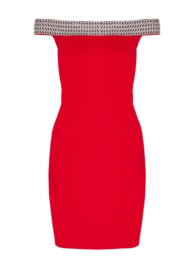 Quiz Red Jersey Bardot Embellished Bodycon Dress, Red