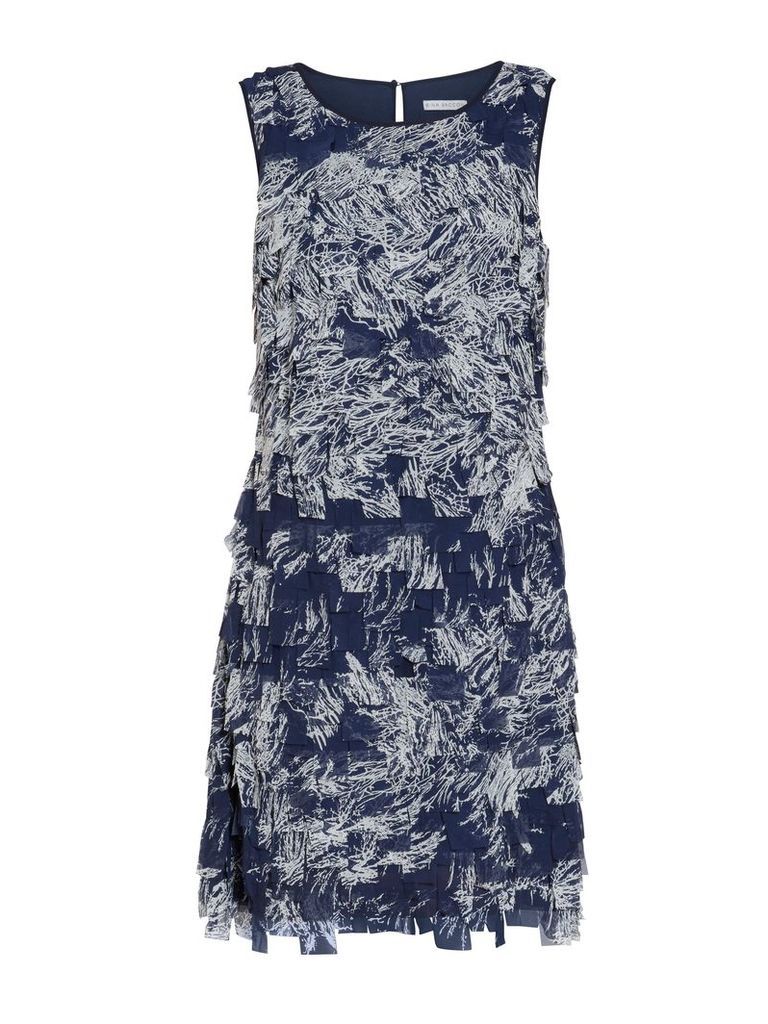 Gina Bacconi Navy off white fringe chiffon dress, Blue