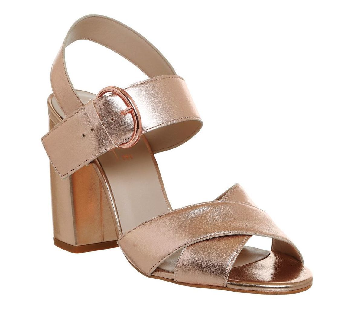 Office Nigella cross strap block heels, Rose Gold