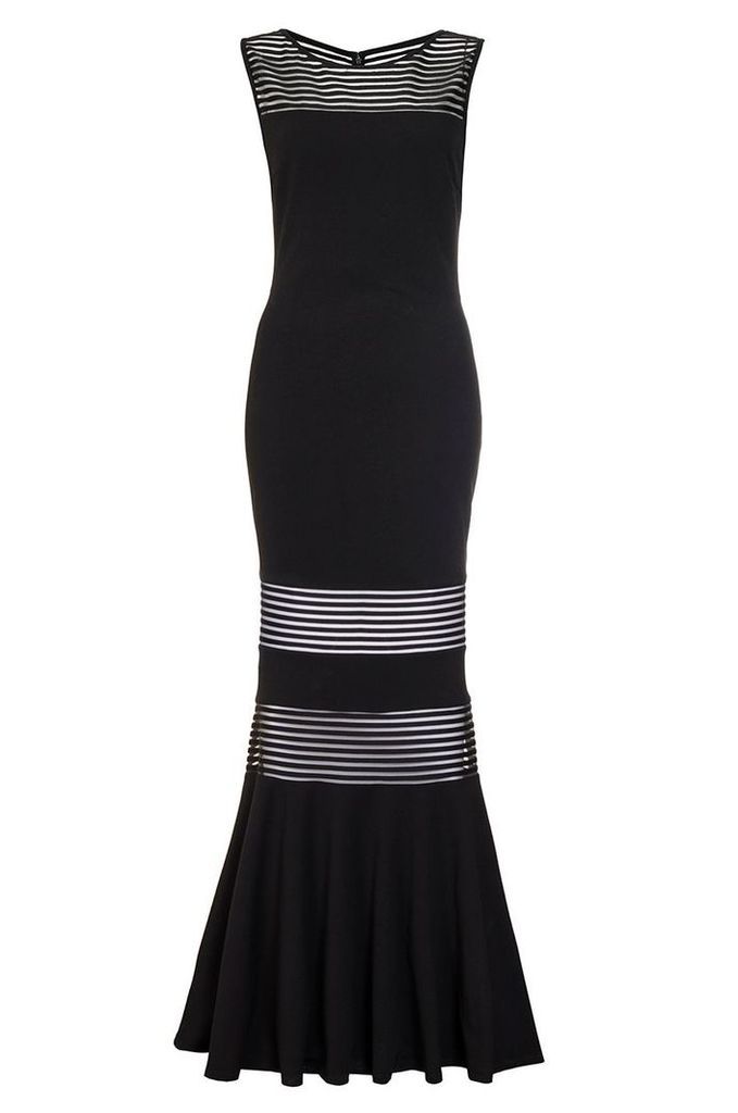 Quiz Black Mesh Insert Fishtail Maxi Dress, Black